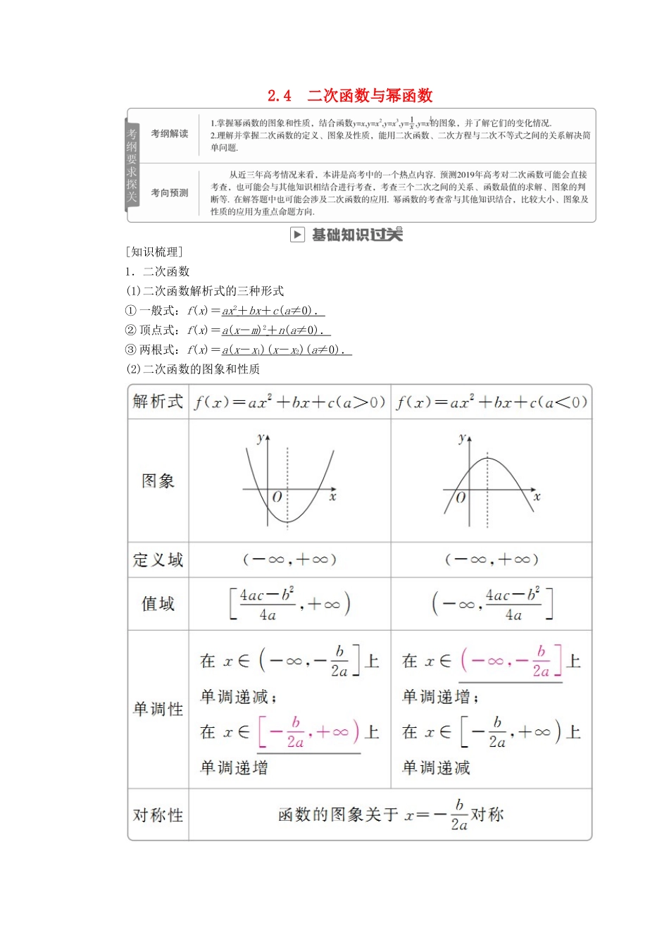 高考数学一轮复习 第2章 函数、导数及其应用 2.4 二次函数与幂函数学案 文-人教版高三全册数学学案_第1页