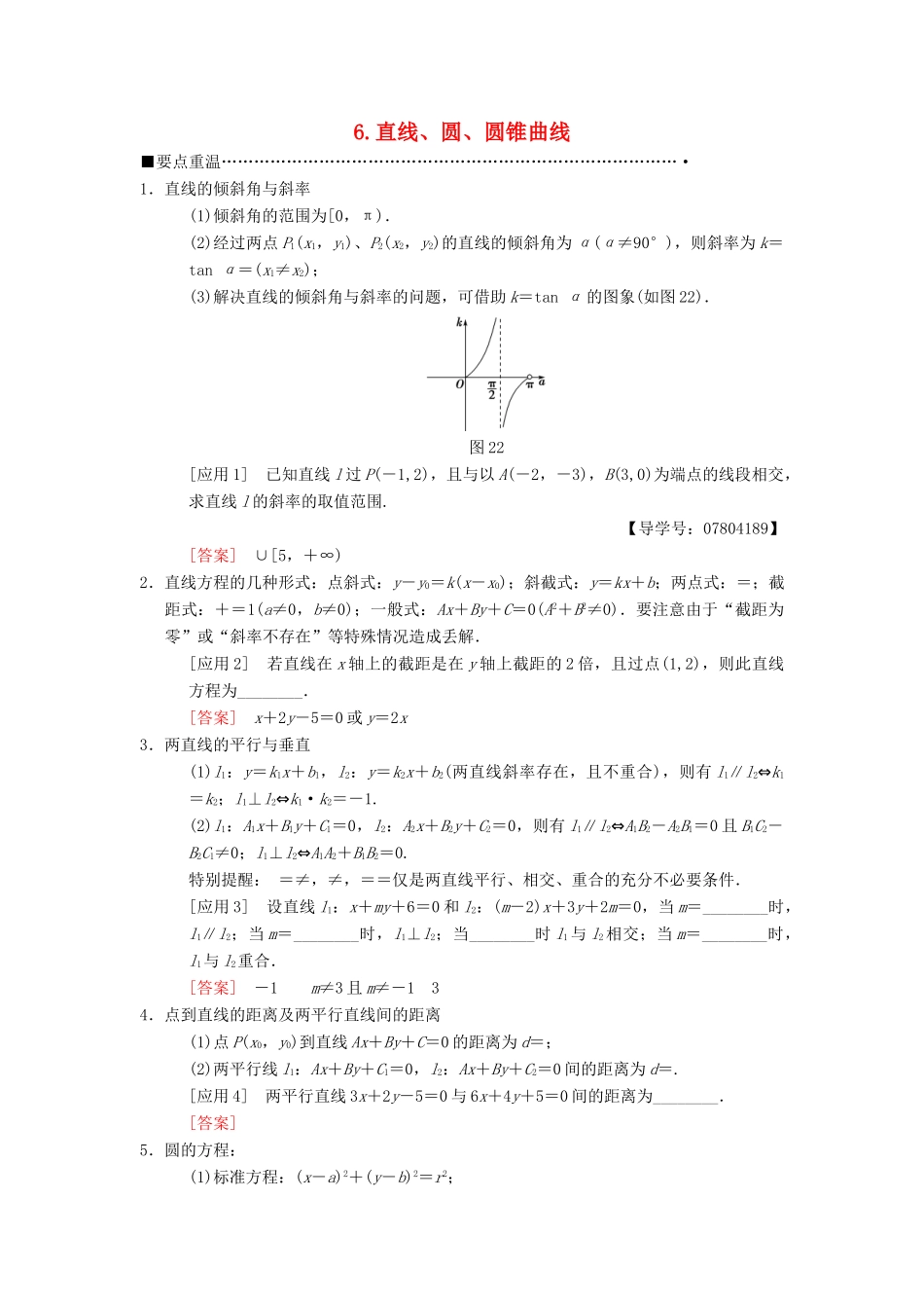 高考数学二轮复习 第3部分 考前增分策略 专题1 考前教材重温 6 直线、圆、圆锥曲线教学案 理-人教版高三全册数学教学案_第1页