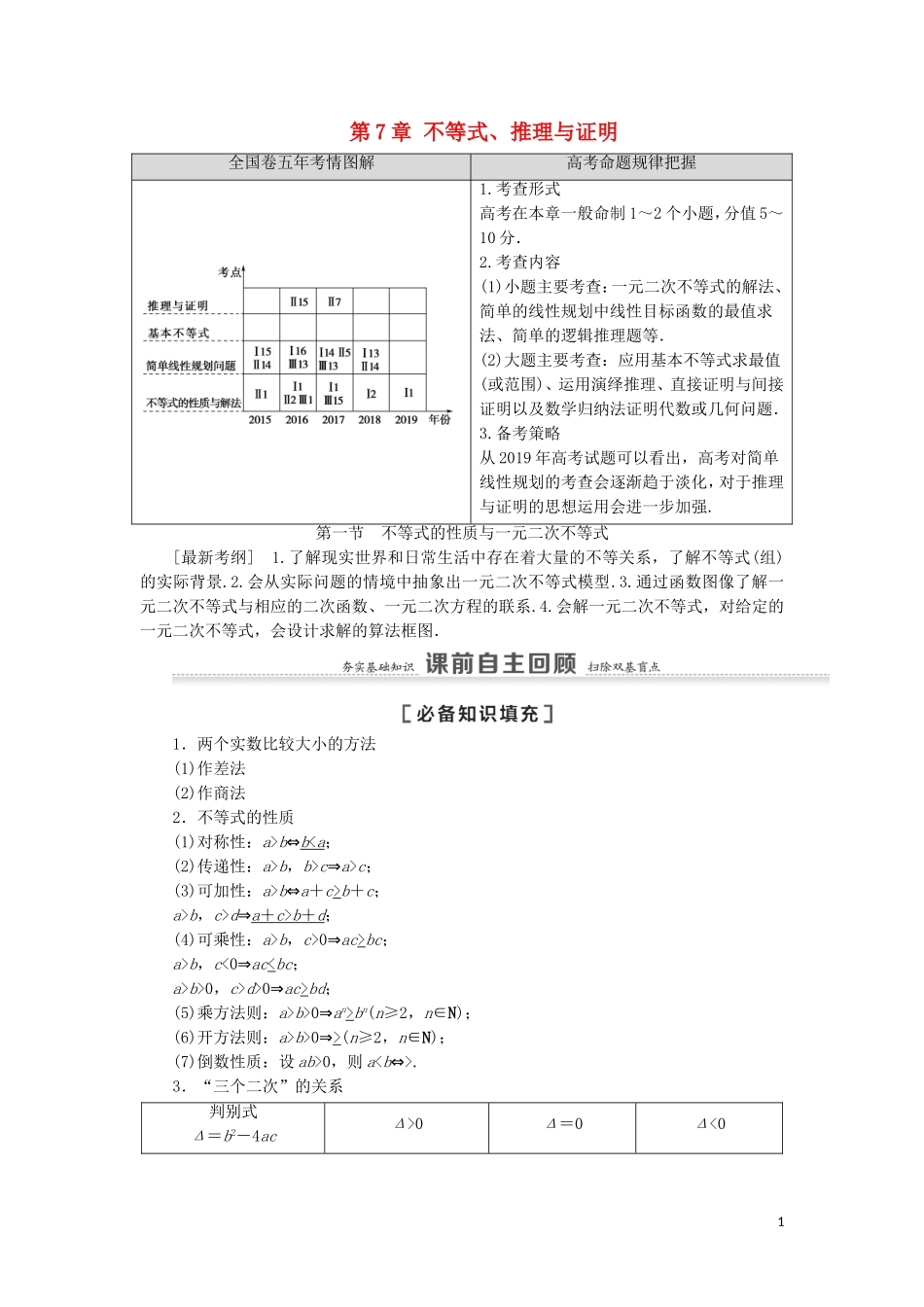 高考数学一轮复习 第7章 不等式、推理与证明 第1节 不等式的性质与一元二次不等式教学案 理 北师大版-北师大版高三全册数学教学案_第1页