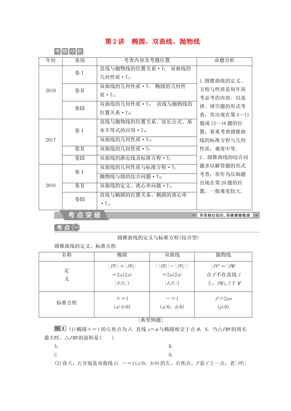 高考数学二轮复习 第二部分 突破热点 分层教学 专项二 专题五 2 第2讲 椭圆、双曲线、抛物线学案-人教版高三全册数学学案_第1页
