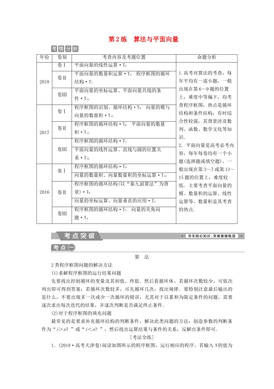 高考数学二轮复习 第二部分 突破热点 分层教学 专项一 2 第2练 算法与平面向量学案-人教版高三全册数学学案_第1页