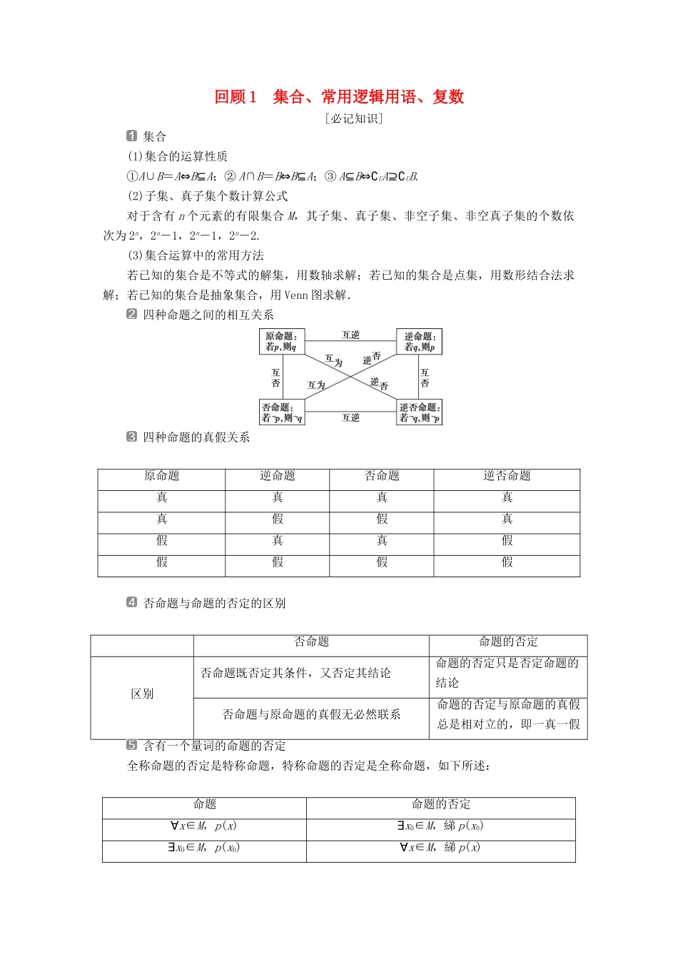 高考数学二轮复习 第三部分 回顾教材 以点带面 1 回顾1 集合、常用逻辑用语、复数学案-人教版高三全册数学学案_第1页