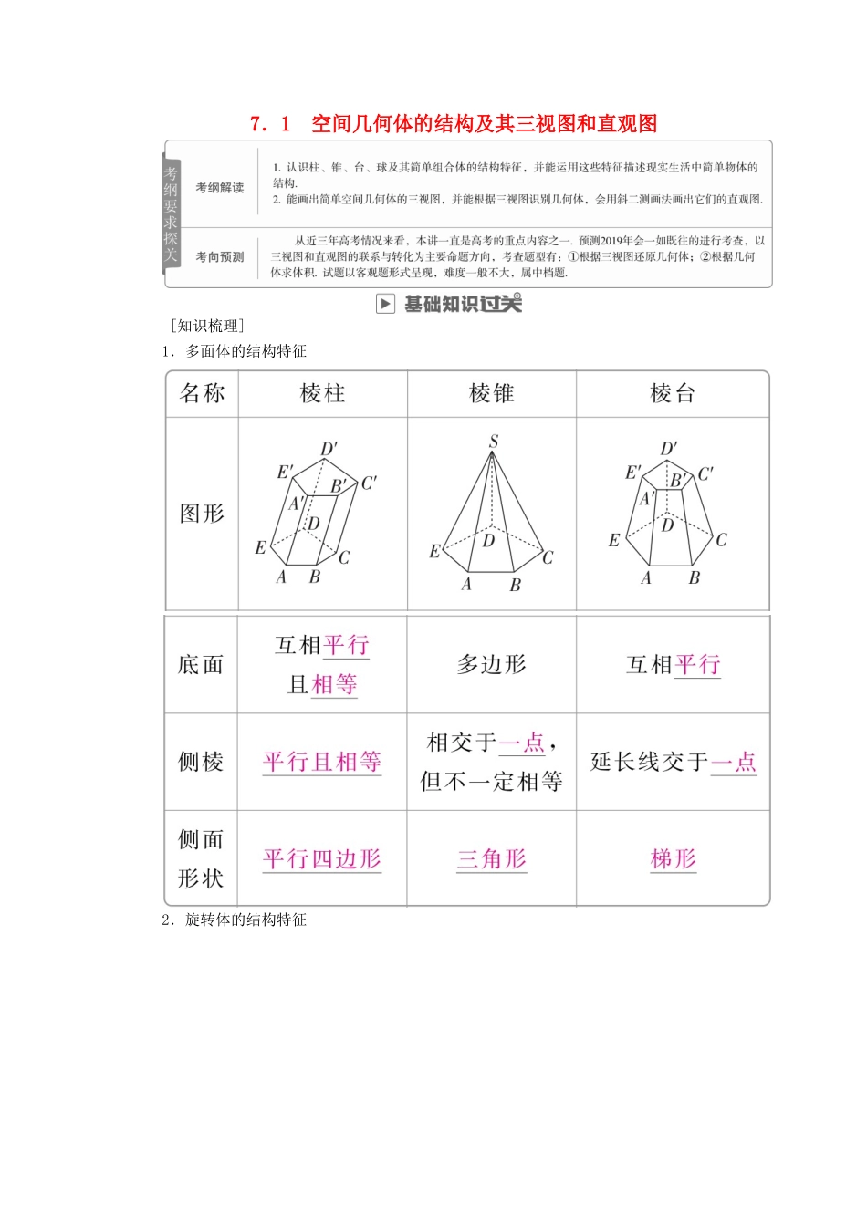 高考数学一轮复习 第7章 立体几何 7.1 空间几何体的结构及其三视图和直观图学案 理-人教版高三全册数学学案_第1页