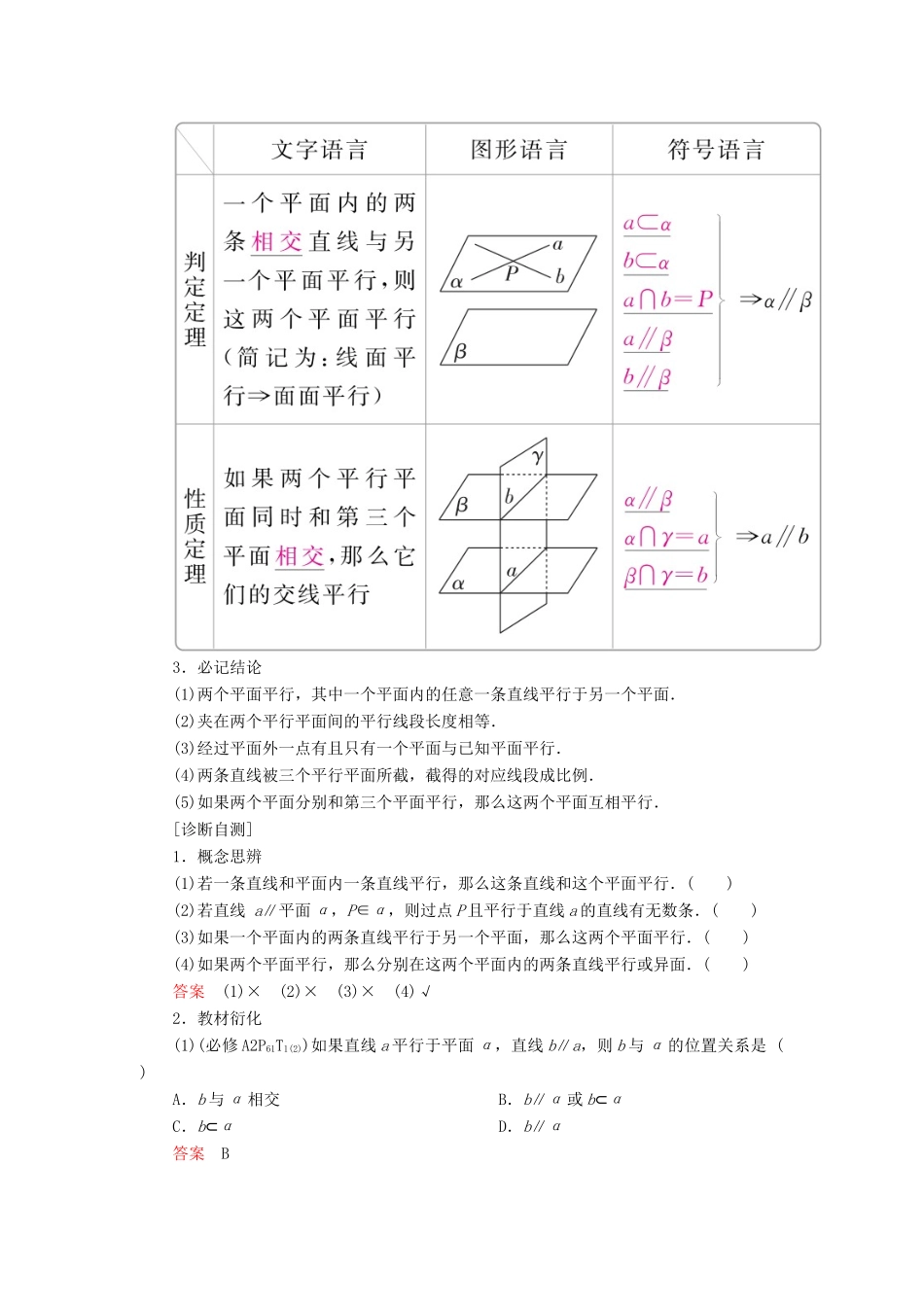 高考数学一轮复习 第7章 立体几何 7.4 直线、平面平行的判定与性质学案 理-人教版高三全册数学学案_第2页