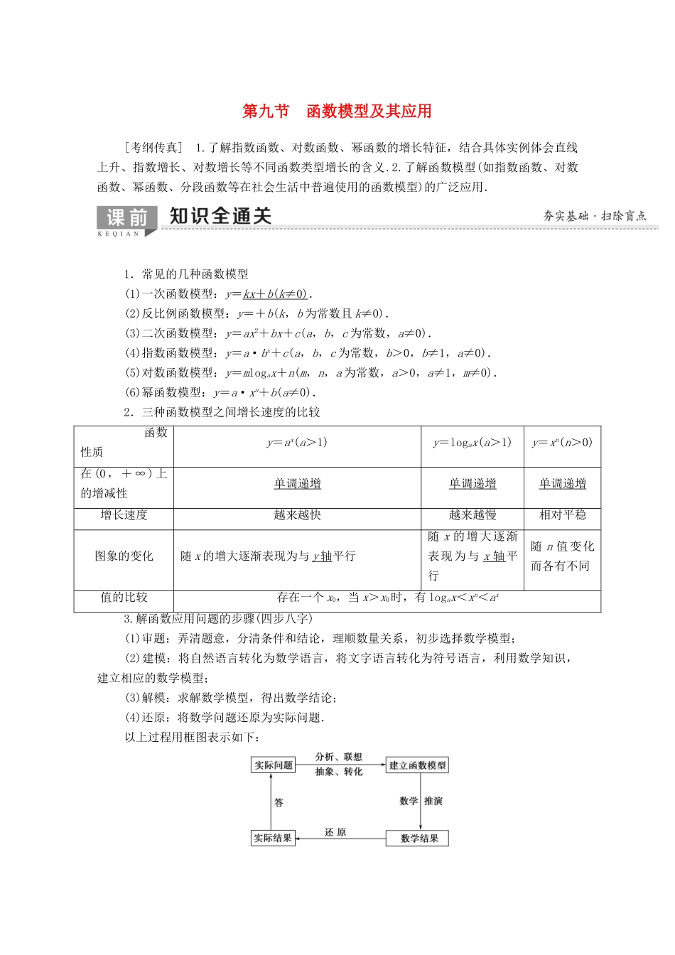 高考数学一轮复习 第2章 函数、导数及其应用 第9节 函数模型及其应用教学案（含解析）理-人教版高三全册数学教学案_第1页