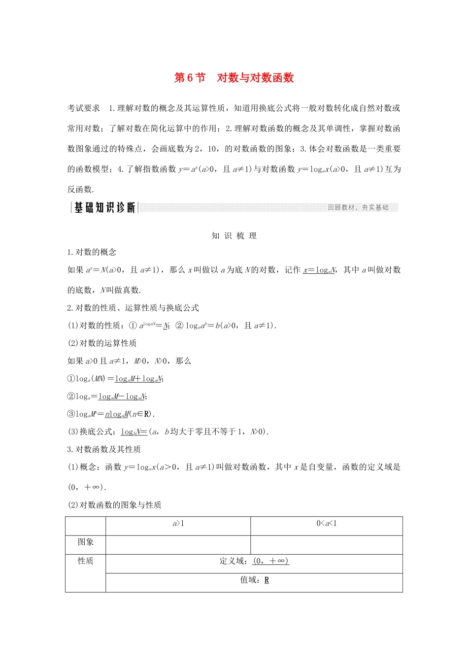 高考数学一轮复习 第二章 函数概念及基本初等函数Ⅰ第6节 对数与对数函数教学案（含解析）新人教A版-新人教A版高三全册数学教学案_第1页