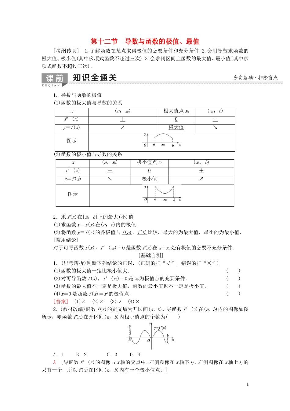 高考数学一轮复习 第2章 函数、导数及其应用 第12节 导数与函数的极值、最值教学案 文（含解析）北师大版-北师大版高三全册数学教学案_第1页