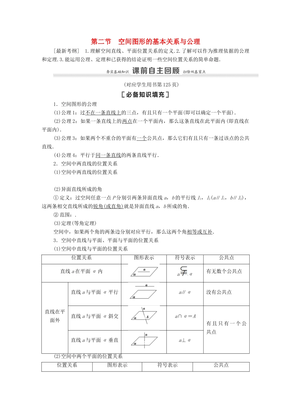 高考数学一轮复习 第8章 立体几何初步 第2节 空间图形的基本关系与公理教学案 文 北师大版-北师大版高三全册数学教学案_第1页