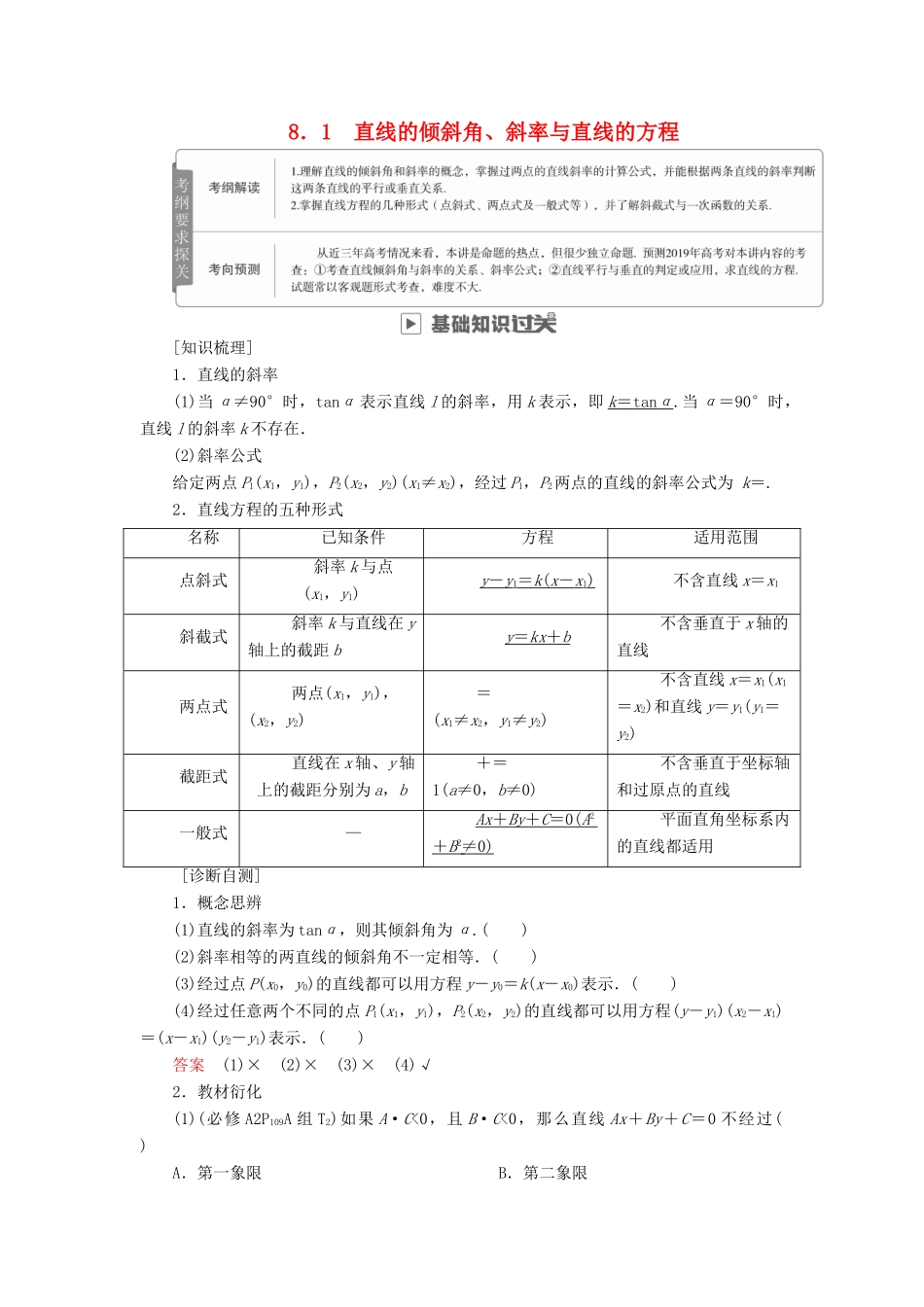 高考数学一轮复习 第8章 平面解析几何 8.1 直线的倾斜角、斜率与直线的方程学案 文-人教版高三全册数学学案_第1页