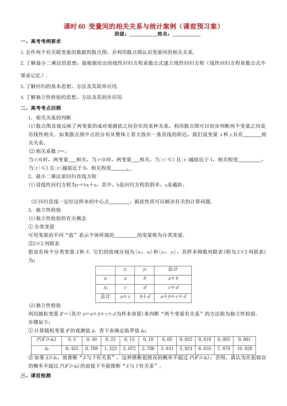 高考数学一轮复习 第十章 概率与统计 课时60 变量间的相关关系与统计案例学案 文 北师大版-北师大版高三全册数学学案_第1页