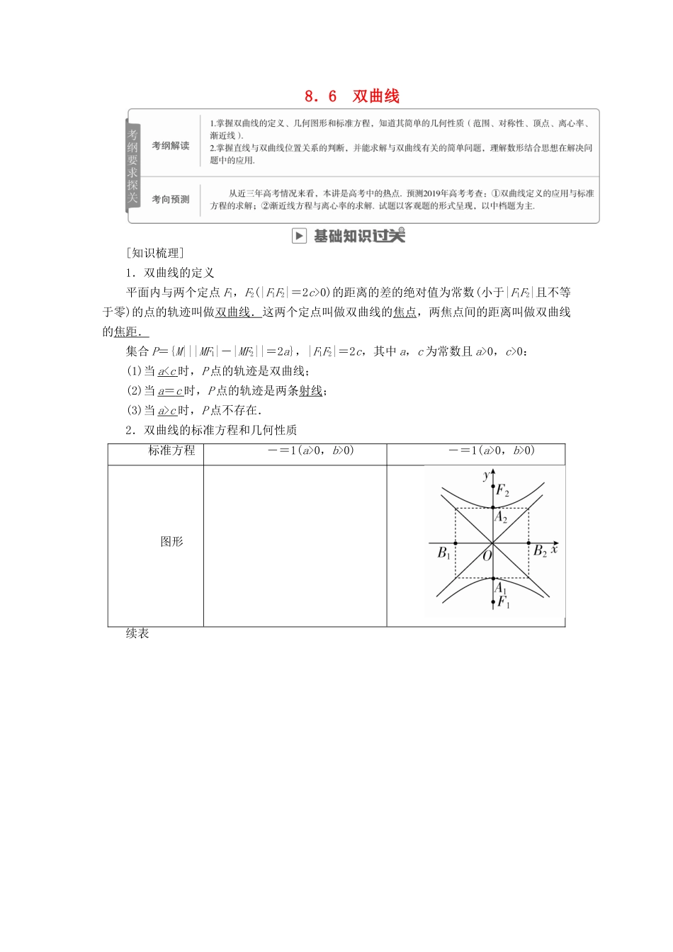 高考数学一轮复习 第8章 平面解析几何 8.6 双曲线学案 文-人教版高三全册数学学案_第1页