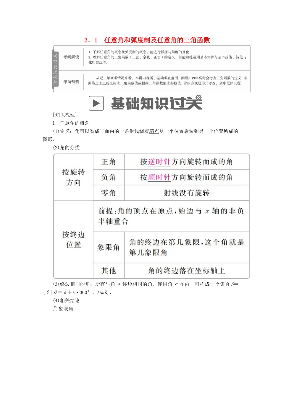 高考数学一轮复习 第3章 三角函数、解三角形 3.1 任意角和弧度制及任意角的三角函数学案 理-人教版高三全册数学学案_第1页