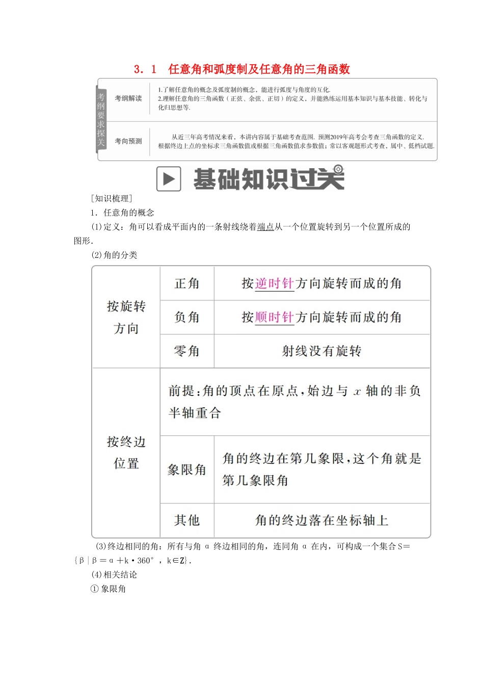 高考数学一轮复习 第3章 三角函数、解三角形 3.1 任意角和弧度制及任意角的三角函数学案 文-人教版高三全册数学学案_第1页