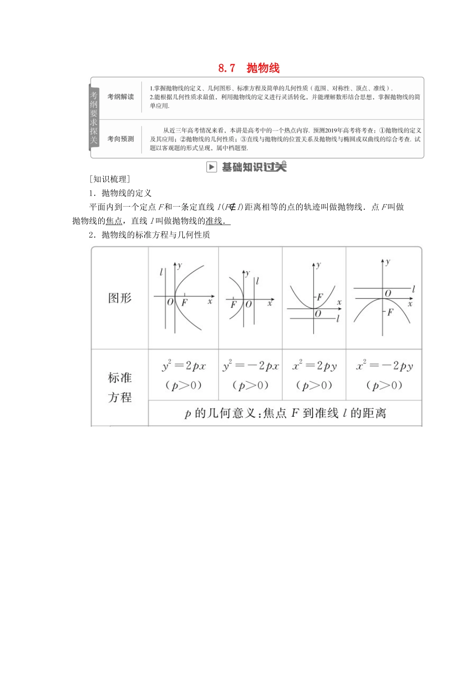 高考数学一轮复习 第8章 平面解析几何 8.7 抛物线学案 文-人教版高三全册数学学案_第1页