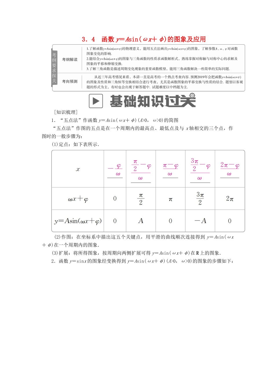 高考数学一轮复习 第3章 三角函数、解三角形 3.4 函数y＝Asin(ωx＋φ)的图象及应用学案 文-人教版高三全册数学学案_第1页