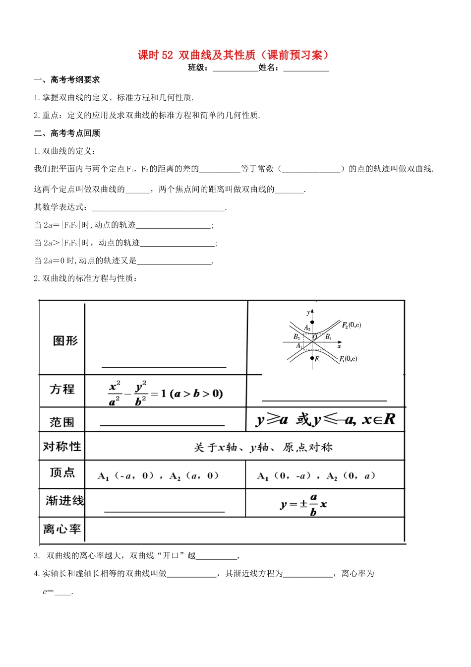 高考数学一轮复习 第九章 解析几何 课时52 双曲线学案 文 北师大版-北师大版高三全册数学学案_第1页