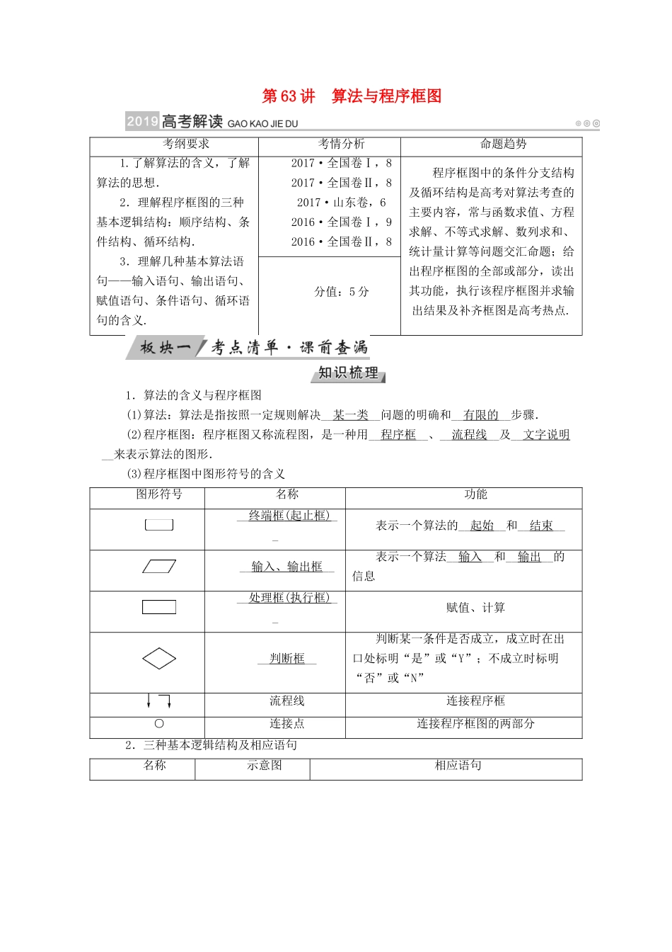 高考数学一轮复习 第十章 算法初步 第63讲 算法与程序框图学案-人教版高三全册数学学案_第1页