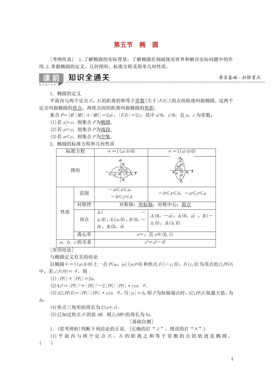 高考数学一轮复习 第8章 平面解析几何 第5节 椭圆教学案（含解析）理-人教版高三全册数学教学案_第1页