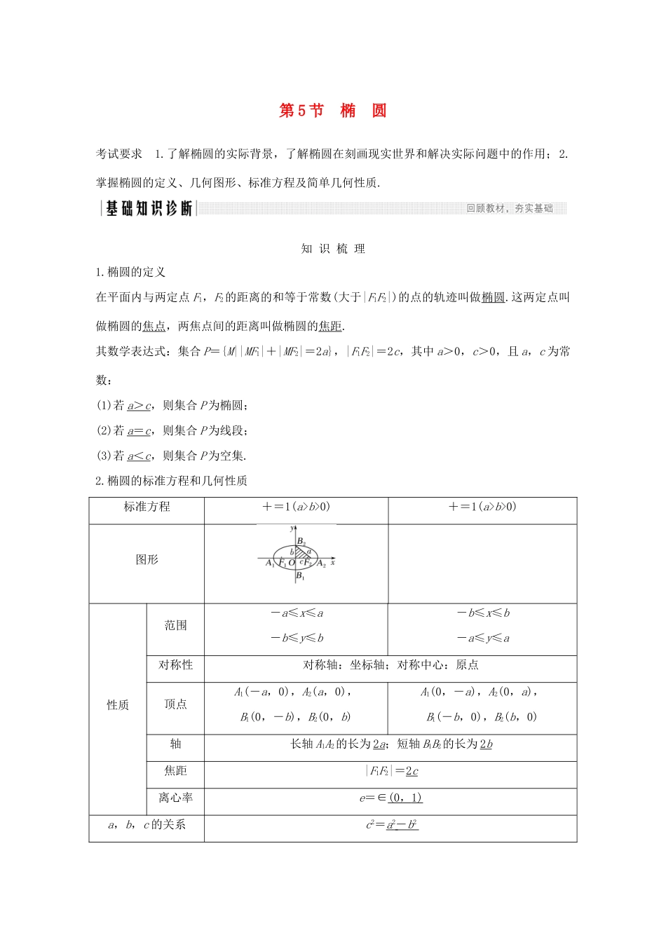 高考数学一轮复习 第九章 平面解析几何 第5节 椭圆 第1课时 椭圆及简单几何性质教学案（含解析）新人教A版-新人教A版高三全册数学教学案_第1页