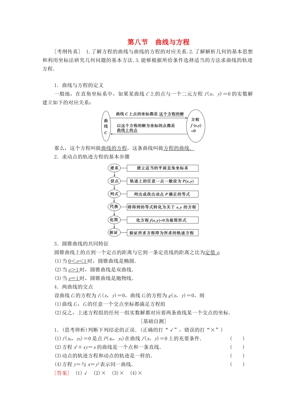 高考数学一轮复习 第8章 平面解析几何 第8节 曲线与方程教学案 理（含解析）北师大版-北师大版高三全册数学教学案_第1页