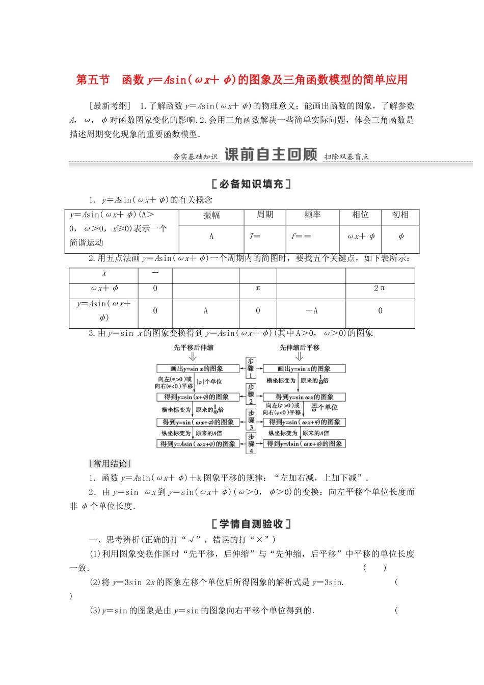 高考数学一轮复习 第四章 三角函数、解三角形 4.5 函数y＝Asin（ωx＋φ）的图象及三角函数模型的简单应用教学案 苏教版-苏教版高三全册数学教学案_第1页