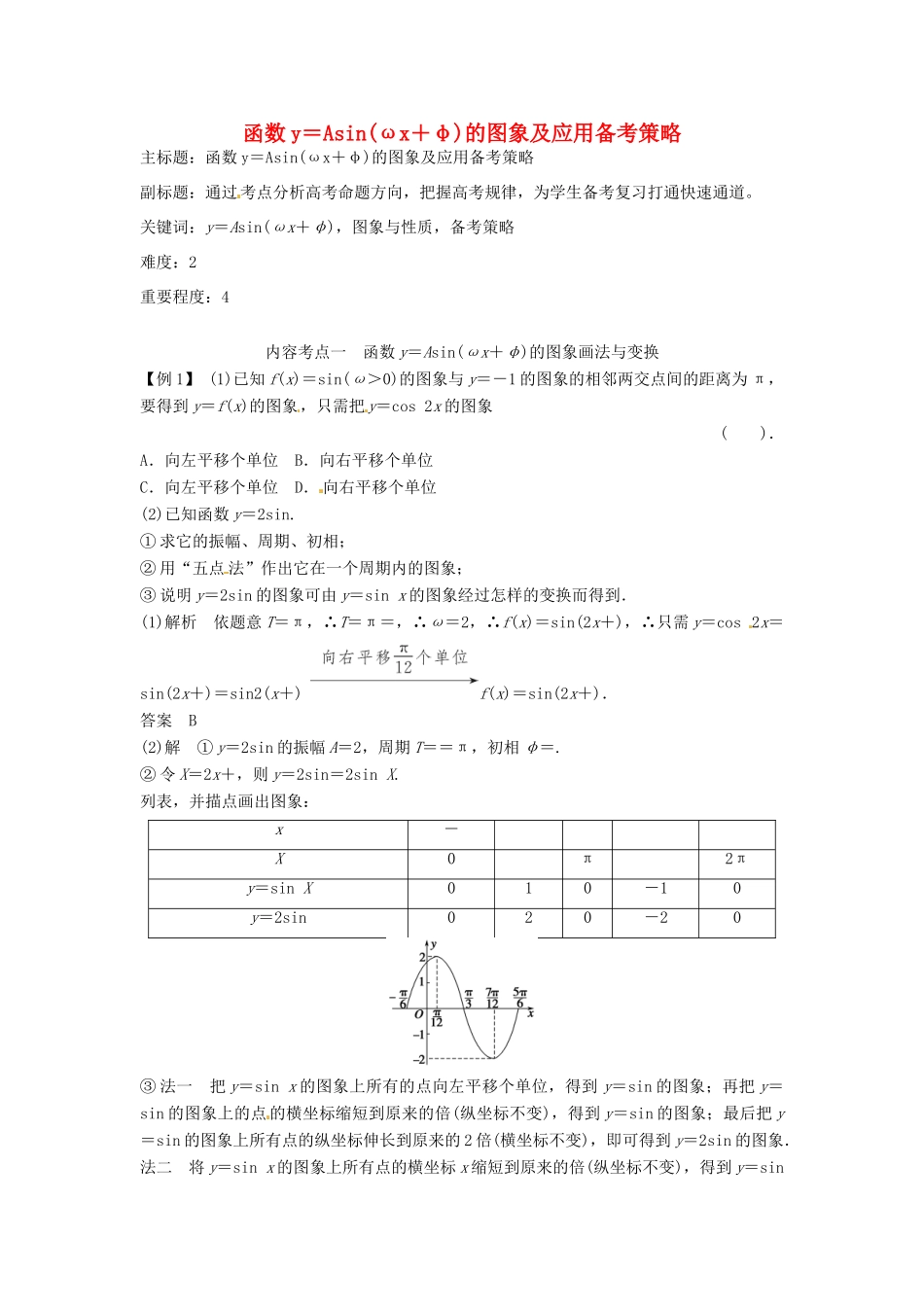 高考数学复习 专题06 三角函数 函数y＝Asin（ωx＋φ）的图象及应用备考策略-人教版高三全册数学素材_第1页
