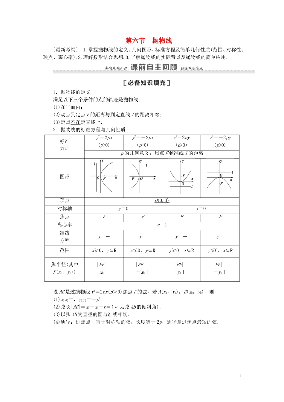 高考数学一轮复习 第9章 平面解析几何 第6节 抛物线教学案 理 北师大版-北师大版高三全册数学教学案_第1页