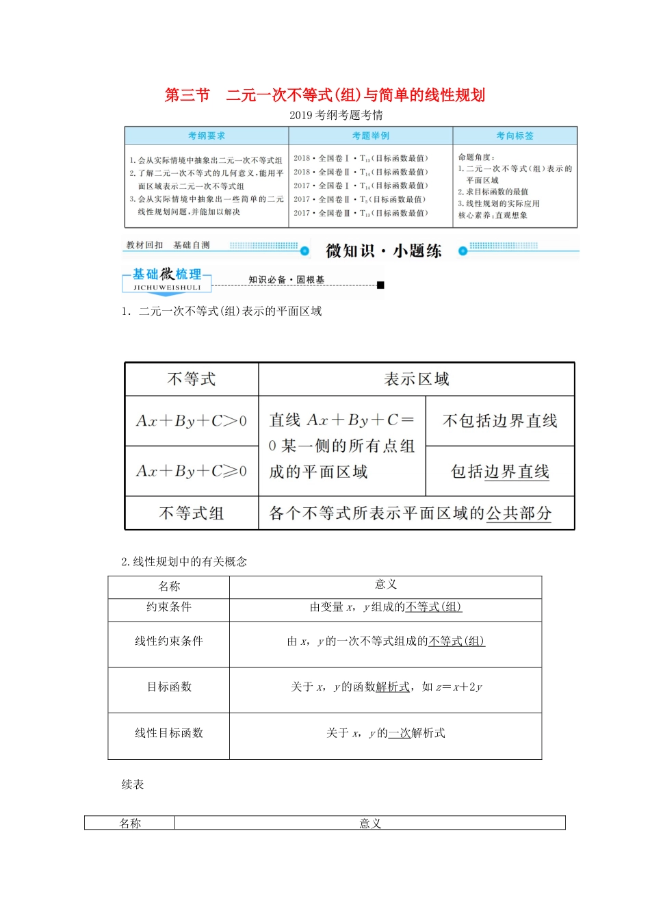 高考数学一轮复习 第六章 不等式、推理与证明 第三节 二元一次不等式（组）与简单的线性规划学案 理（含解析）新人教A版-新人教A版高三全册数学学案_第1页