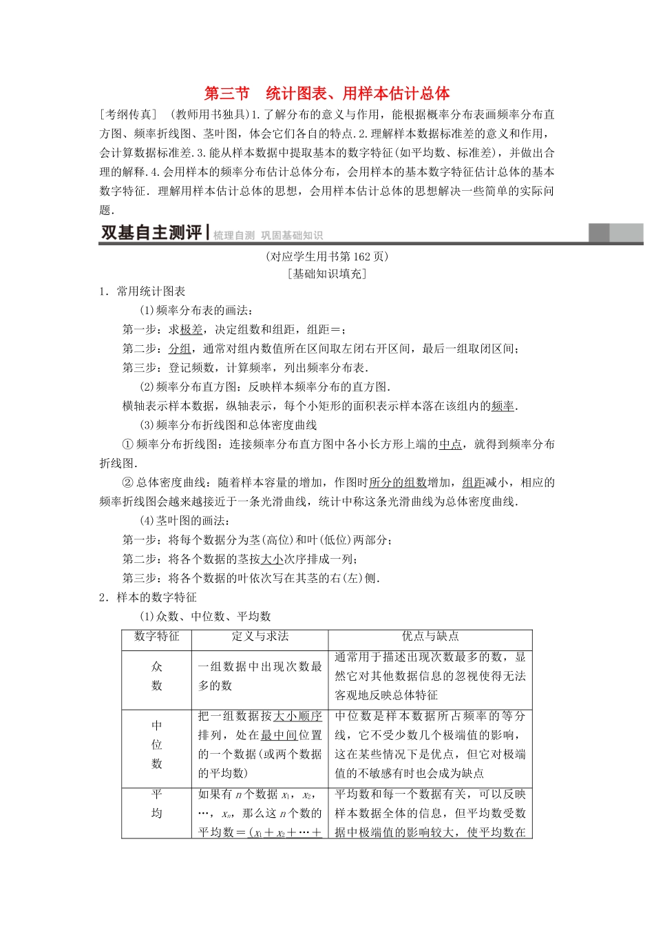 高考数学一轮复习 第9章 算法初步、统计与统计案例 第3节 统计图表、用样本估计总体学案 理 北师大版-北师大版高三全册数学学案_第1页