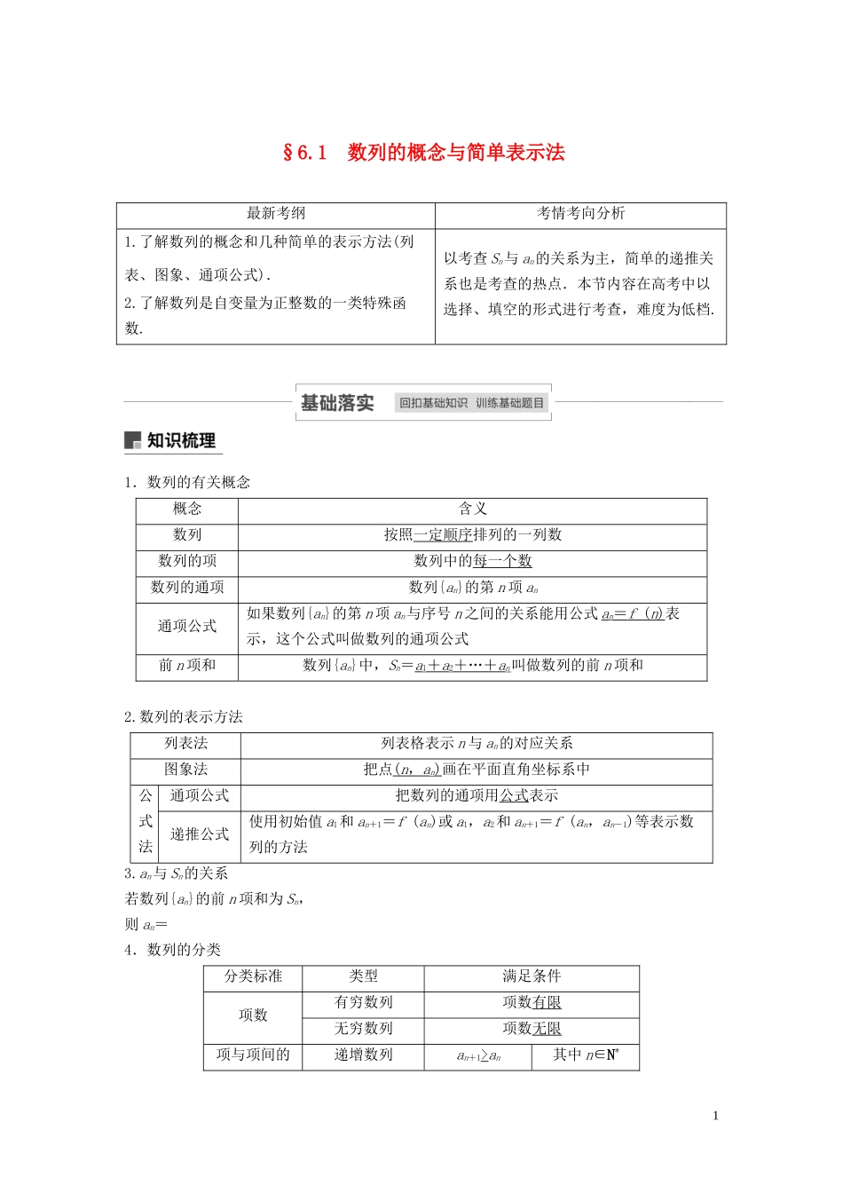 高考数学一轮复习 第六章 数列 6.1 数列的概念与简单表示法教学案 理 新人教A版-新人教A版高三全册数学教学案_第1页