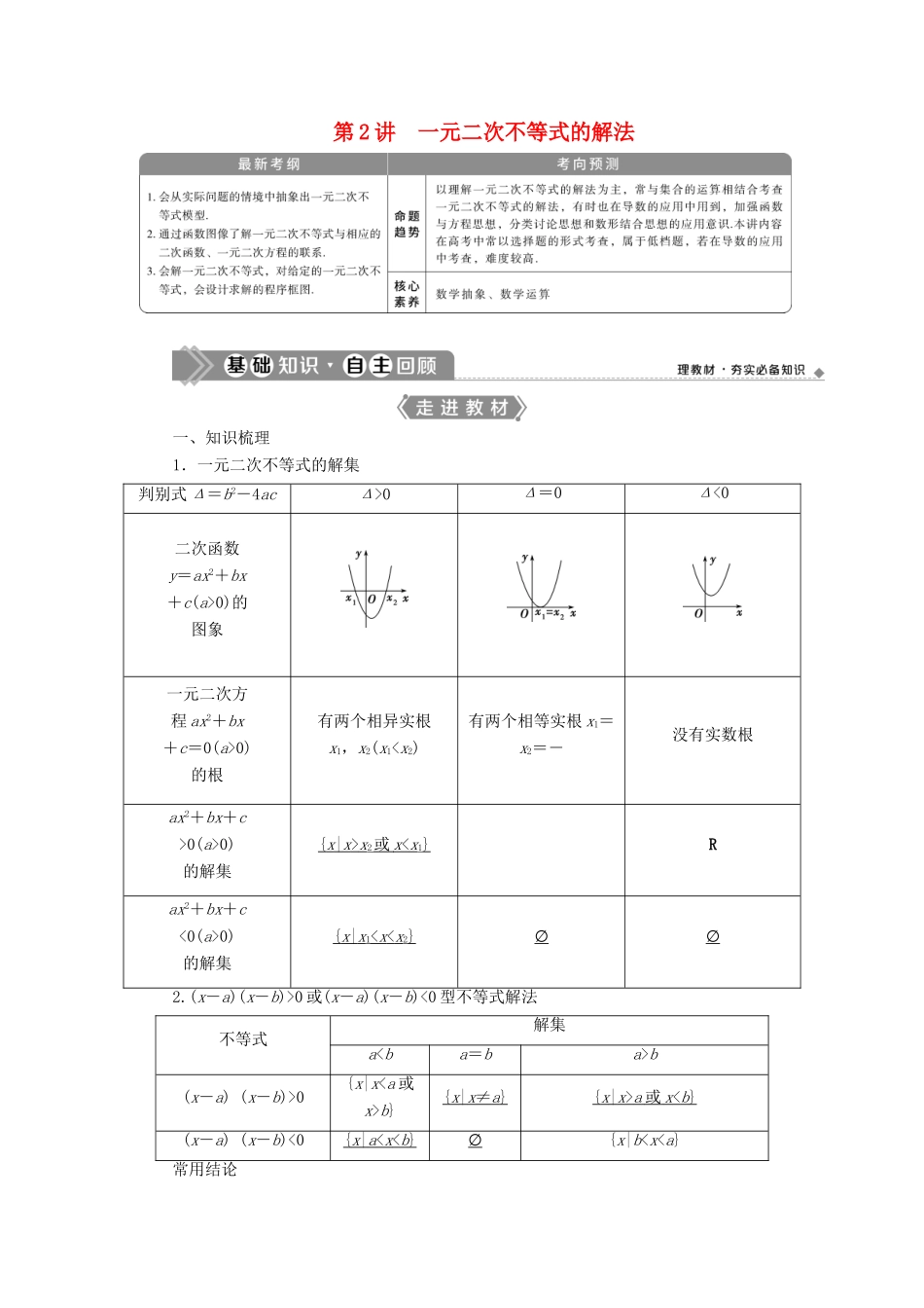 高考数学一轮复习 第七章 不等式 第2讲 一元二次不等式的解法教学案 理 北师大版-北师大版高三全册数学教学案_第1页