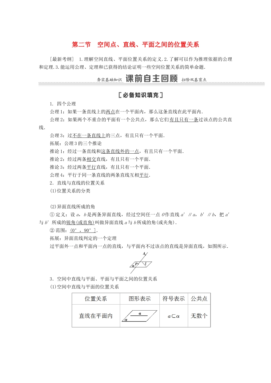 高考数学一轮复习 第七章 立体几何 7.2 空间点、直线、平面之间的位置关系教学案 苏教版-苏教版高三全册数学教学案_第1页