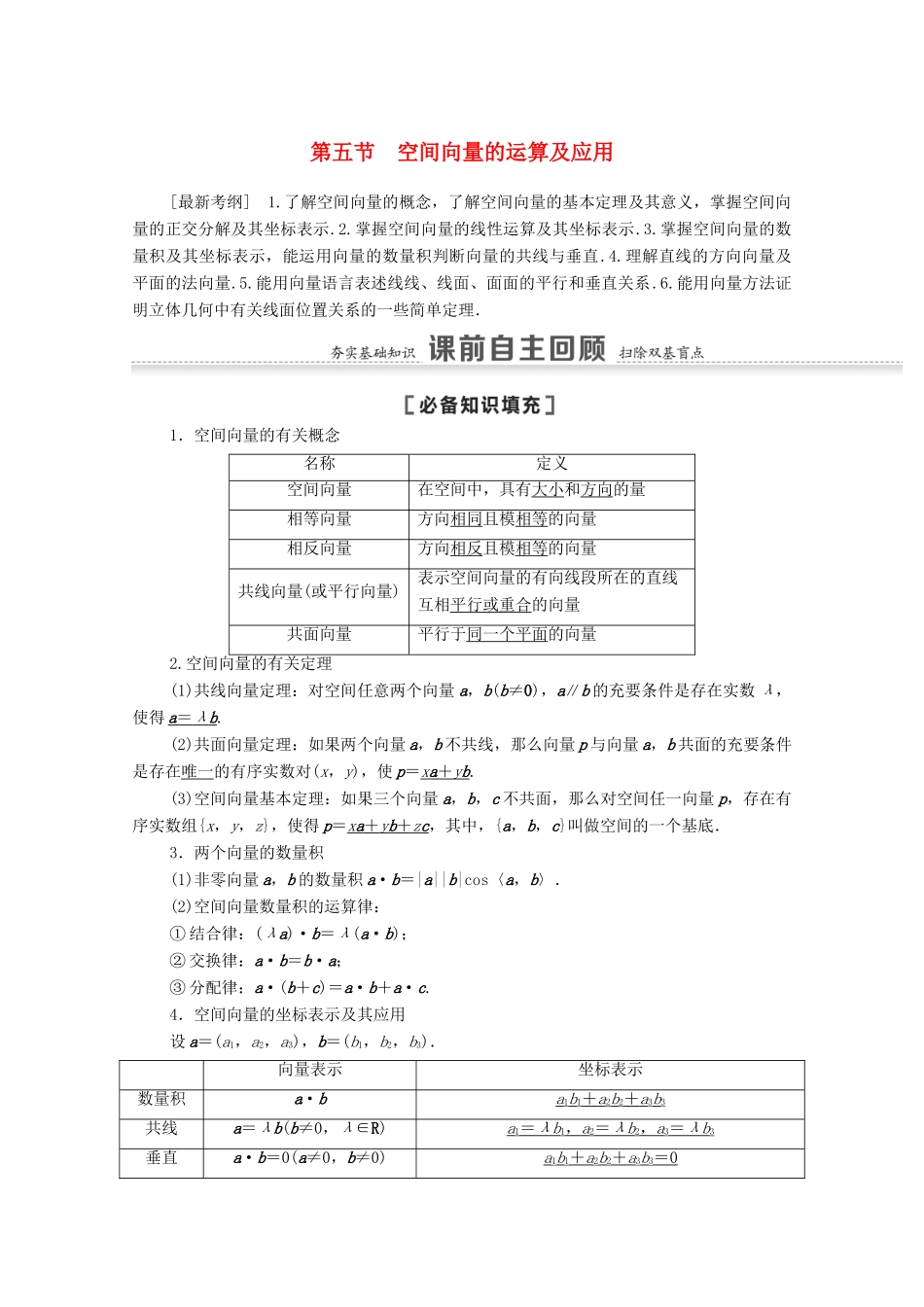 高考数学一轮复习 第七章 立体几何 7.5 空间向量的运算及应用教学案 苏教版-苏教版高三全册数学教学案_第1页