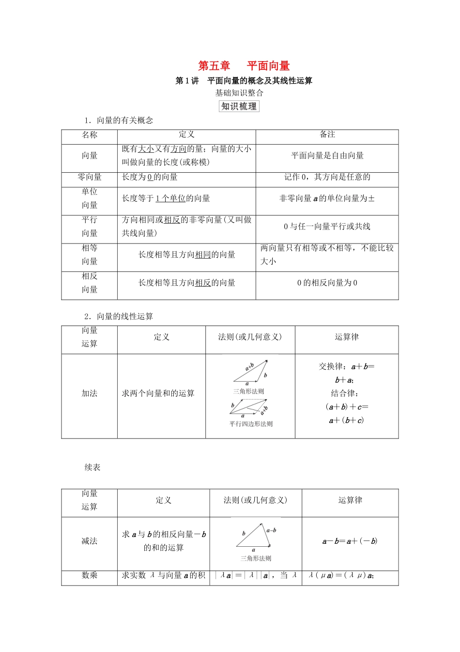 高考数学一轮复习统考 第5章 平面向量 第1讲 平面向量的概念及其线性运算学案（含解析）北师大版-北师大版高三全册数学学案_第1页