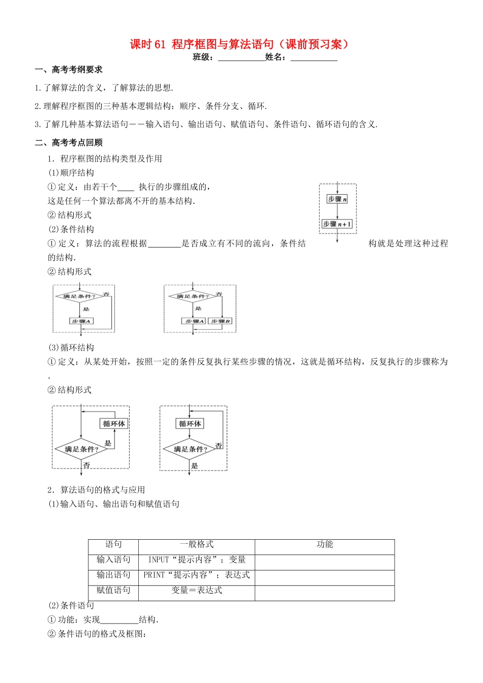 高考数学一轮复习 第十一章 算法框图、复数与推理证明 课时61 程序框图与算法语句学案 文 北师大版-北师大版高三全册数学学案_第1页