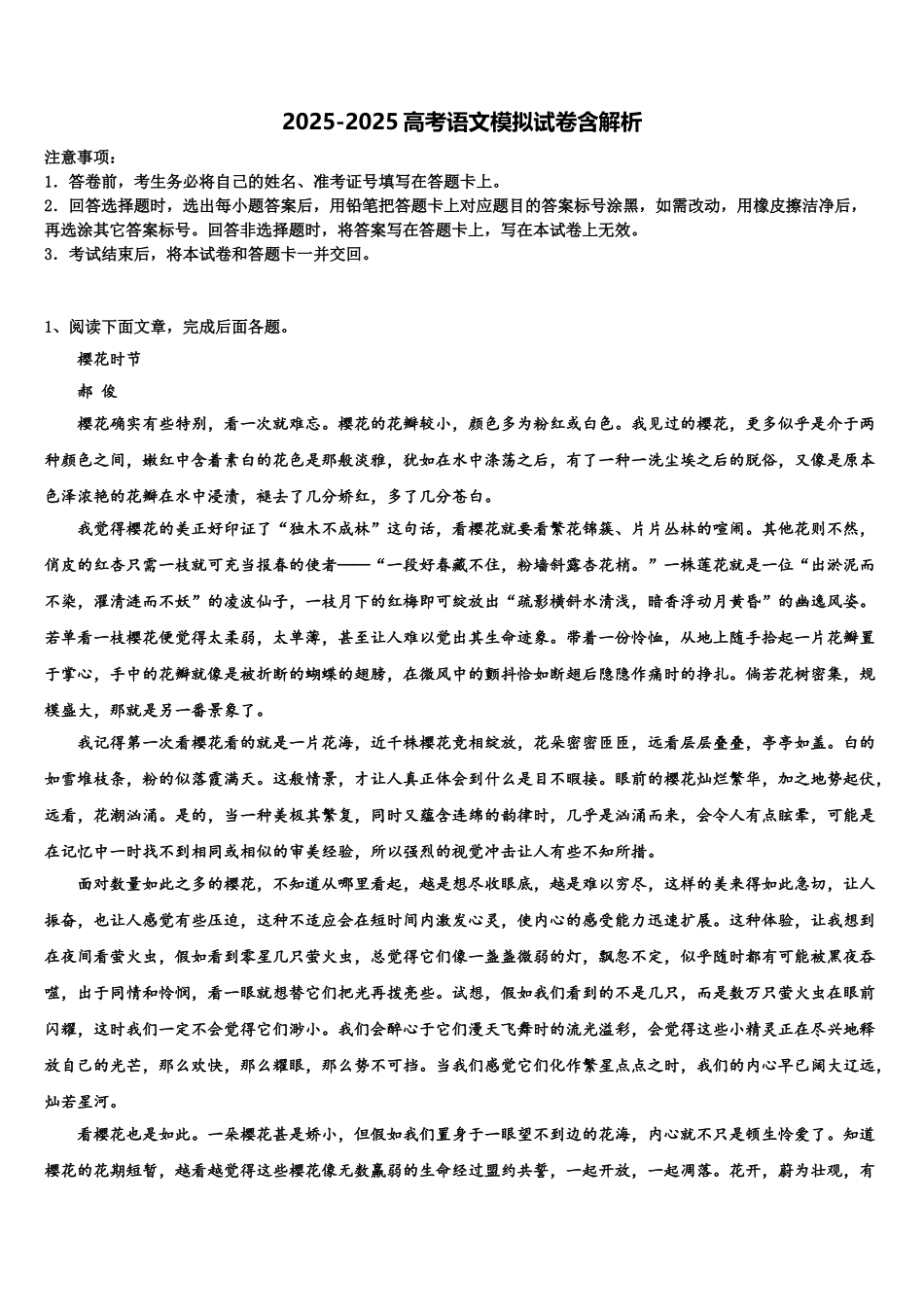 广东省雷州市第一中学高三下学期第五次调研考试语文试题含解析_第1页