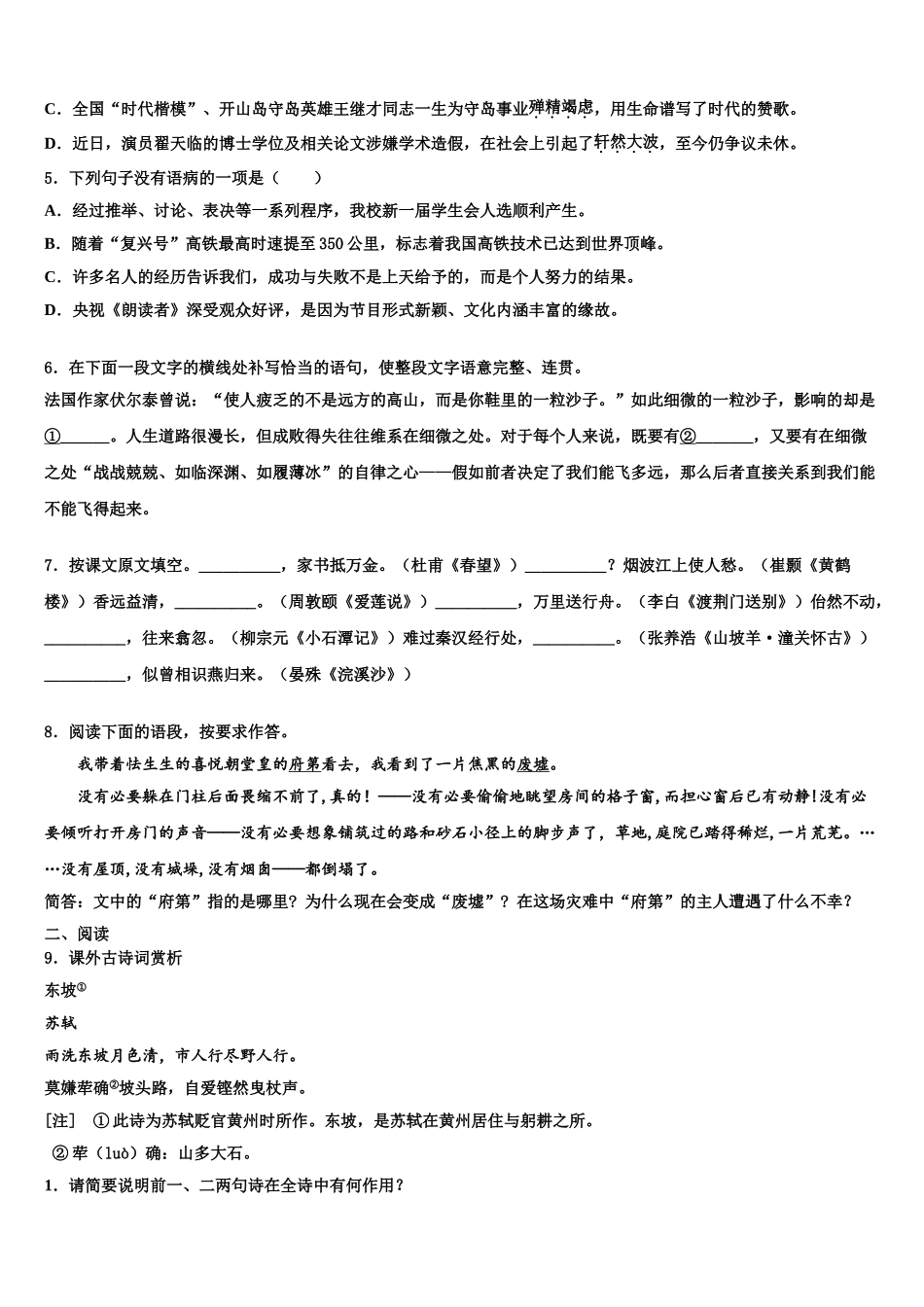广西壮族自治区北海市中考语文全真模拟试题含解析_第2页