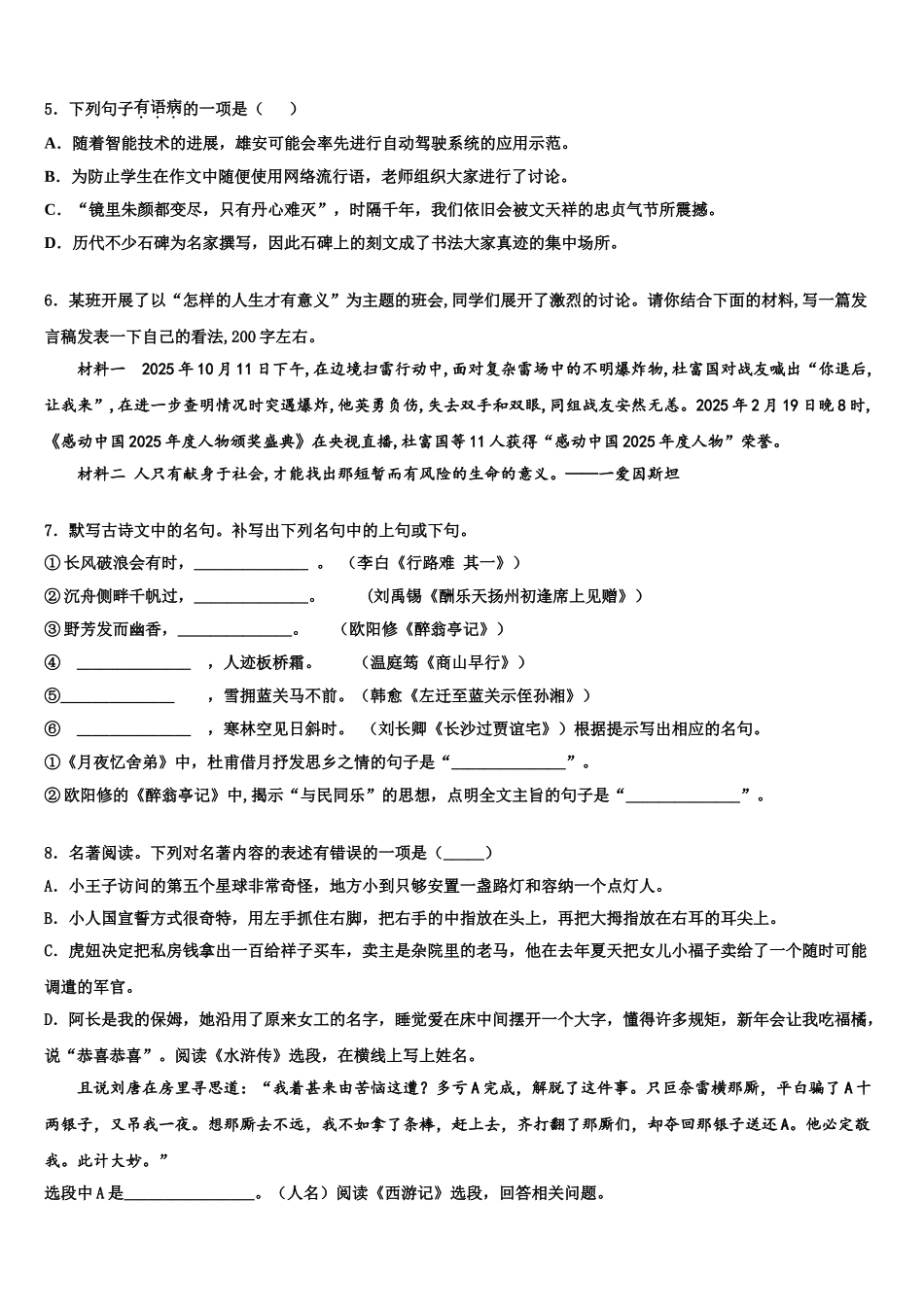 广西壮族自治区崇左市宁明县市级名校中考语文模试卷含解析_第2页