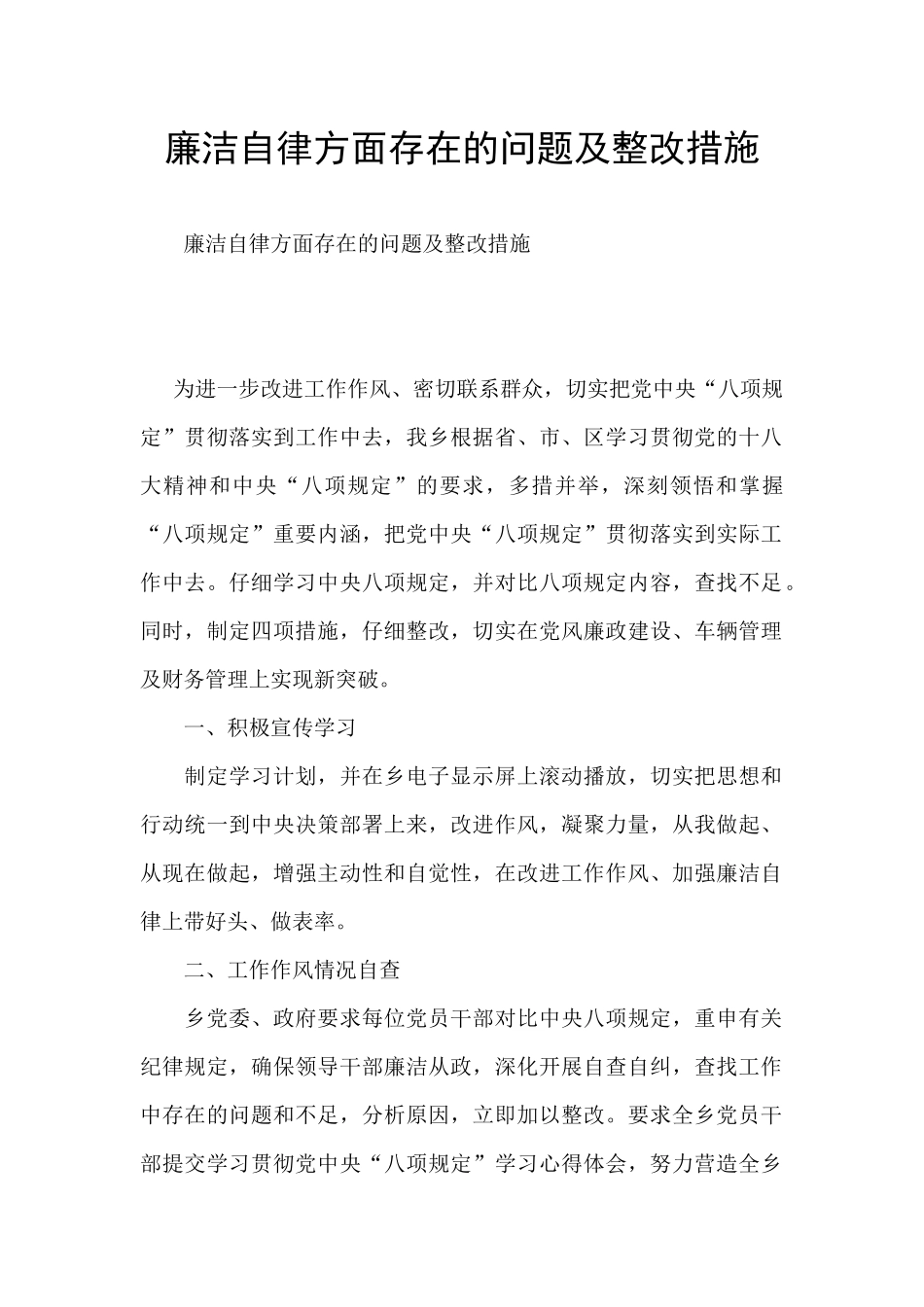 廉洁自律方面存在的问题及整改措施_第1页