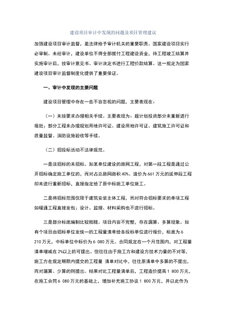 建设项目审计中发现的问题及项目管理建议