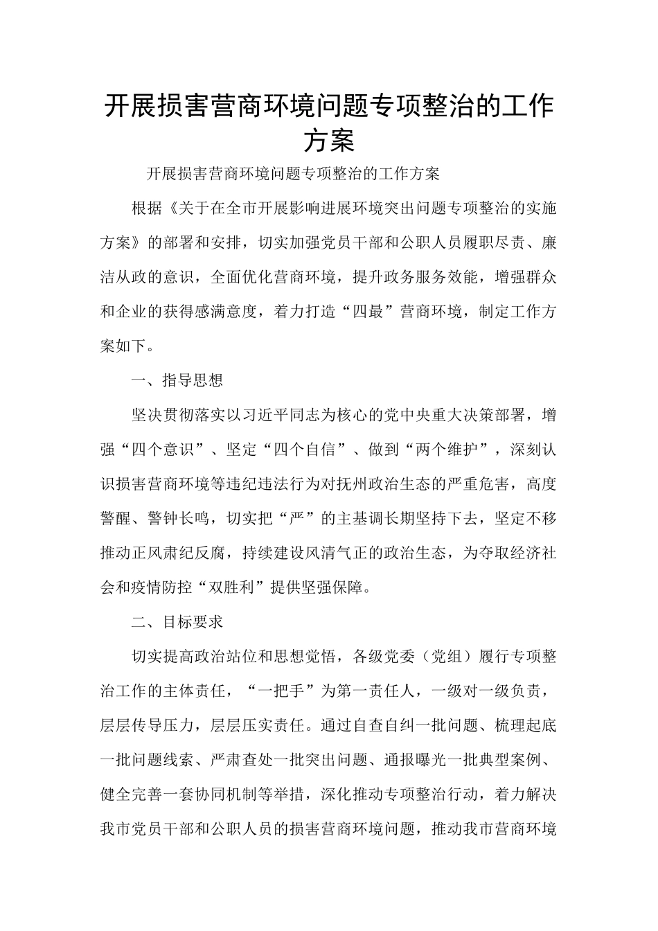 开展损害营商环境问题专项整治的工作方案_第1页