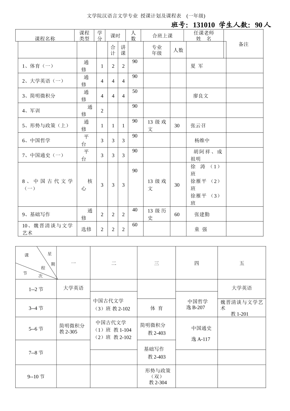 文学院汉语言文学专业授课计划及课程表一年级_第1页