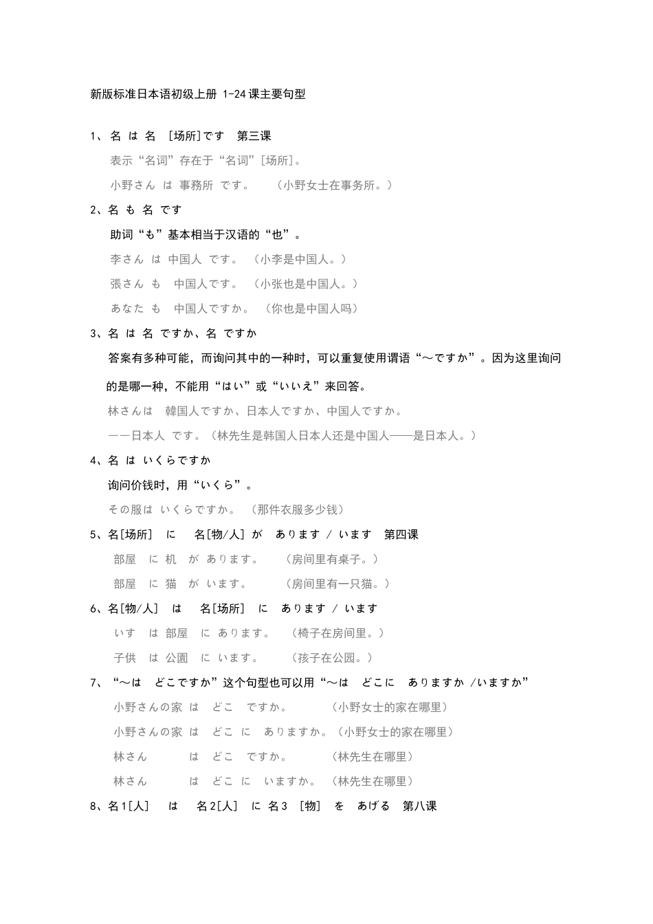 新版标准日本语初级上册-1-24课主要句型_第1页