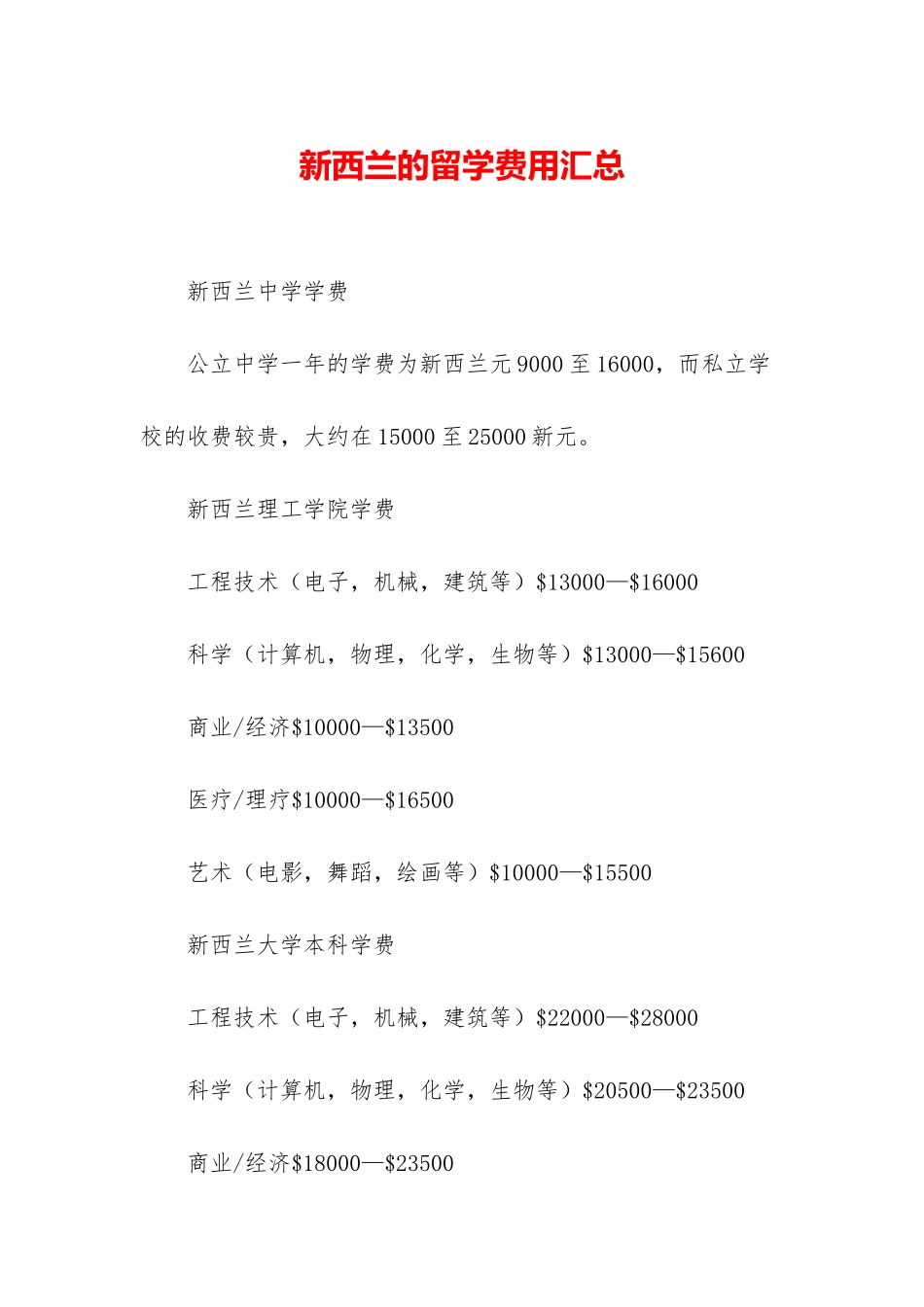 新西兰的留学费用汇总_第1页