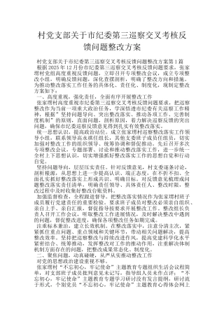 村党支部关于市纪委第三巡察交叉考核反馈问题整改方案