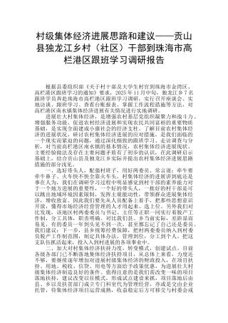 村级集体经济发展思路和建议——贡山县独龙江乡村干部到珠海市高栏港区跟班学习调研报告