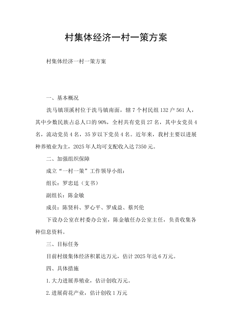 村集体经济一村一策方案_第1页