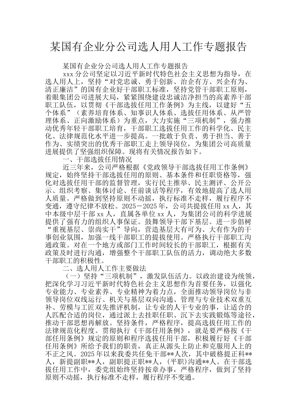 某国有企业分公司选人用人工作专题报告_第1页
