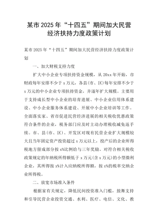 某市2025年“十四五”期间加大民营经济扶持力度政策计划