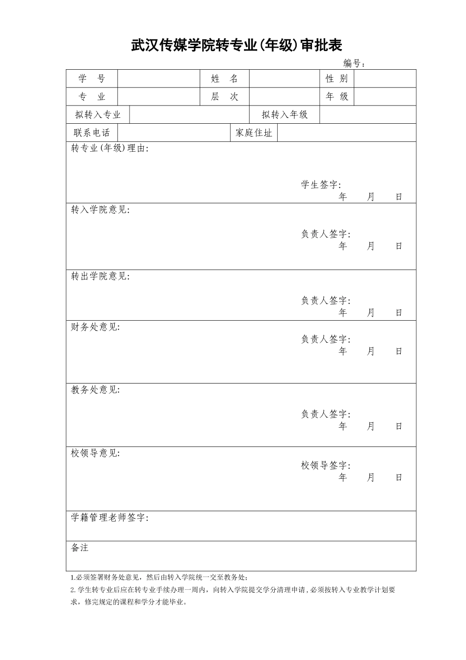 武汉传媒学院转专业年级审批表_第1页